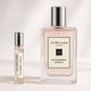 Jo Malone Raspberry Ripple 2ml perfume sample standing next to 100ml Jo Malone Raspberry Ripple perfume bottle