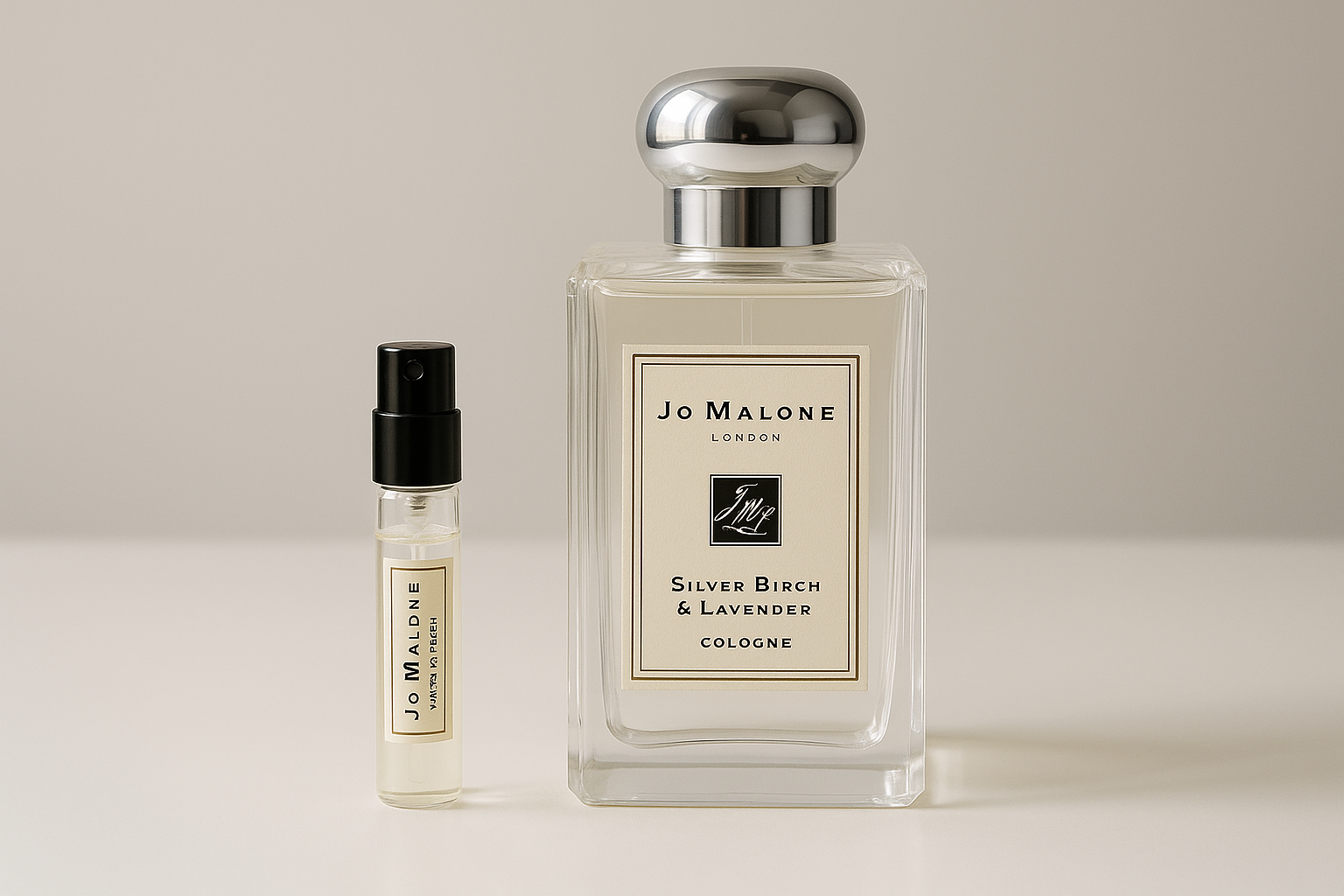 Jo Malone Silver Birch & Lavender Cologne perfume samples, 2ml perfume sample standing next to 100ml Jo Malone Silver Birch & Lavender fragrance